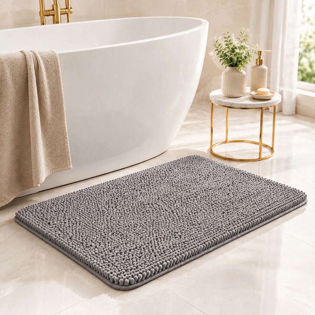 Silver Gray Kaelis Plush Chenille Bath Mat in bathroom by tub