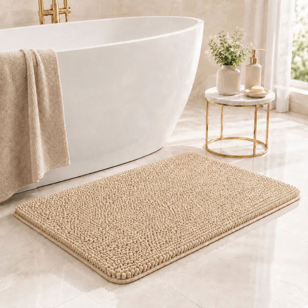 Camel Kaelis Plush Chenille Bath Mat in bathroom by tub