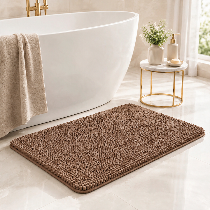 Light Brown Kaelis Plush Chenille Bath Mat in bathroom by tub