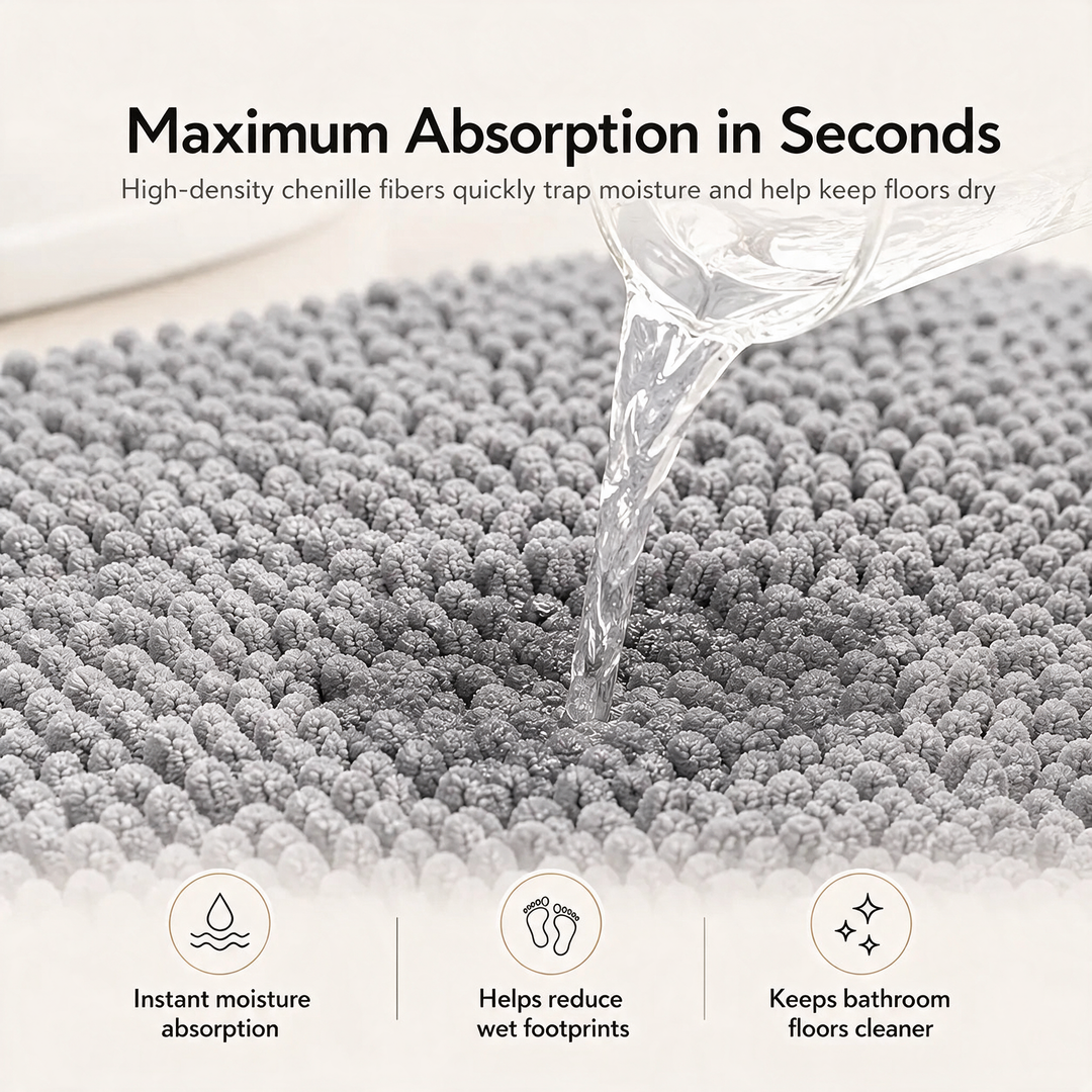 Kaelis Plush Chenille Bath Mat texture close-up with water absorption demo