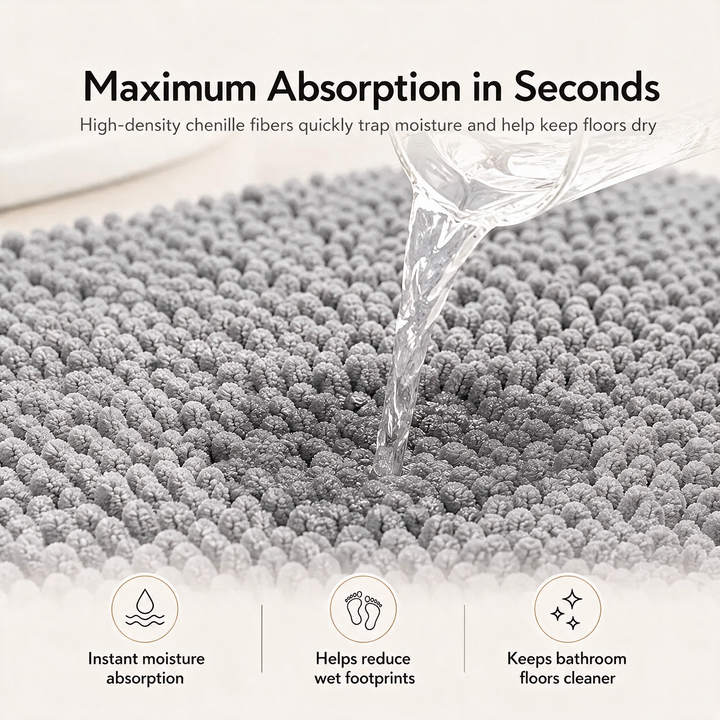 Kaelis Plush Chenille Bath Mat texture close-up with water absorption demo