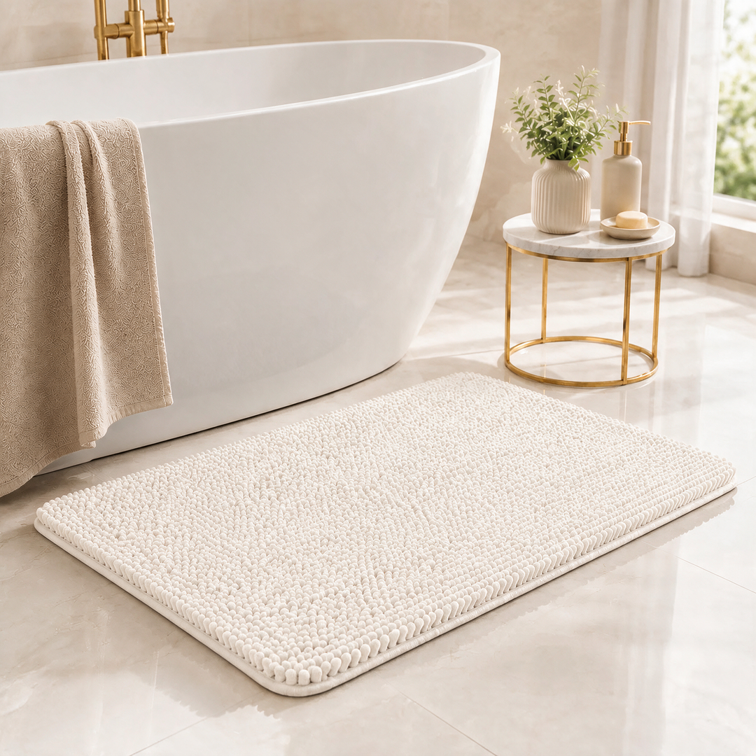 Beige Kaelis Plush Chenille Bath Mat in bathroom by tub