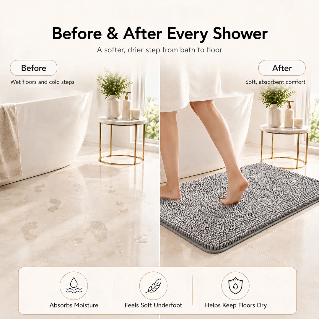 Kaelis Plush Chenille Bath Mat before-and-after wet floor comparison
