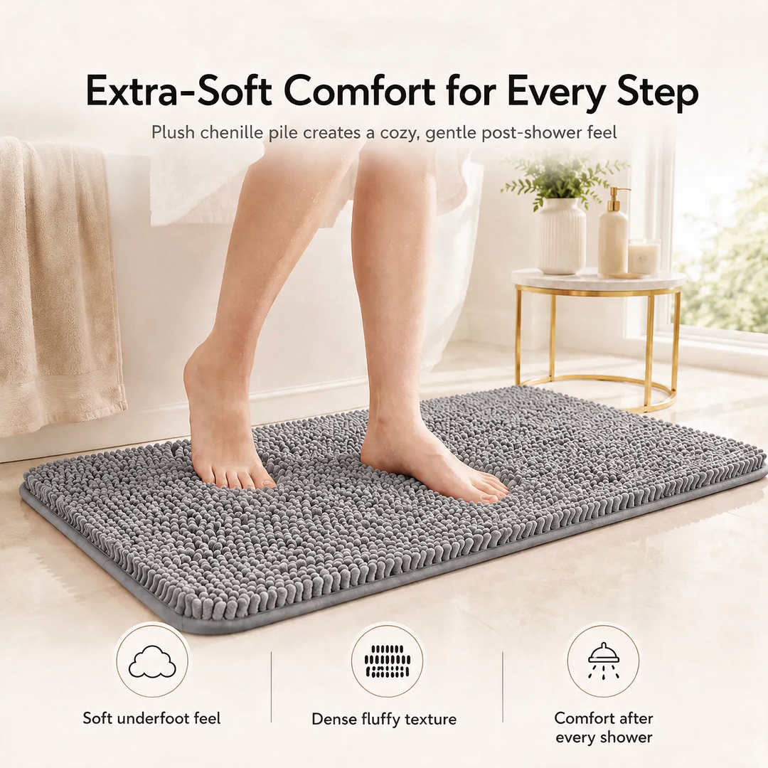 Kaelis Plush Chenille Bath Mat lifestyle shot with bare feet stepping on mat