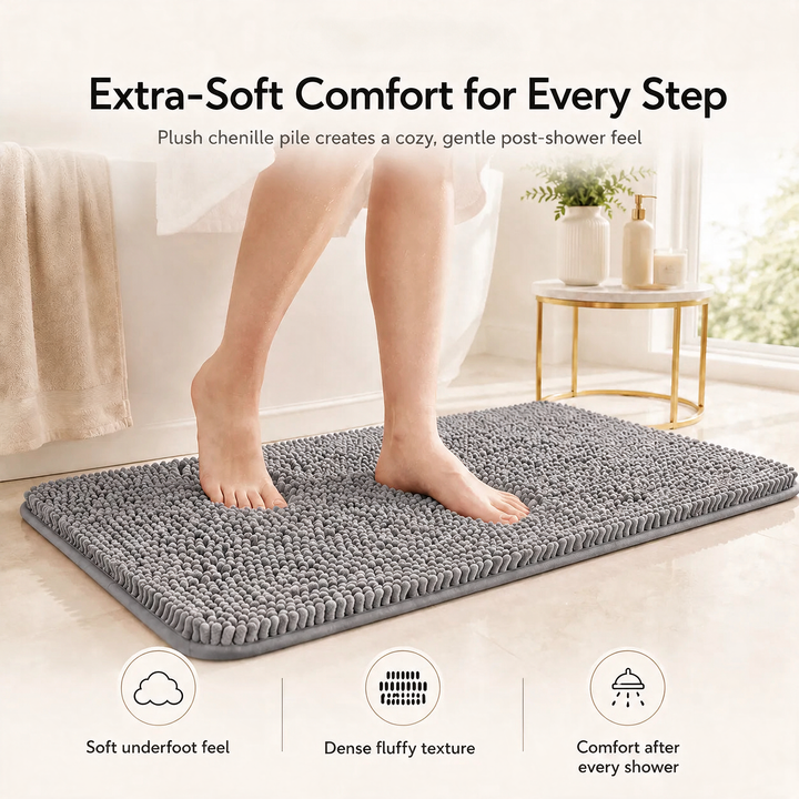 Kaelis Plush Chenille Bath Mat lifestyle shot with bare feet stepping on mat