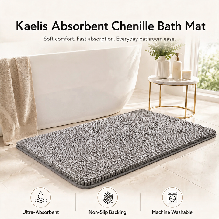 Kaelis Plush Chenille Bath Mat hero image with feature icons