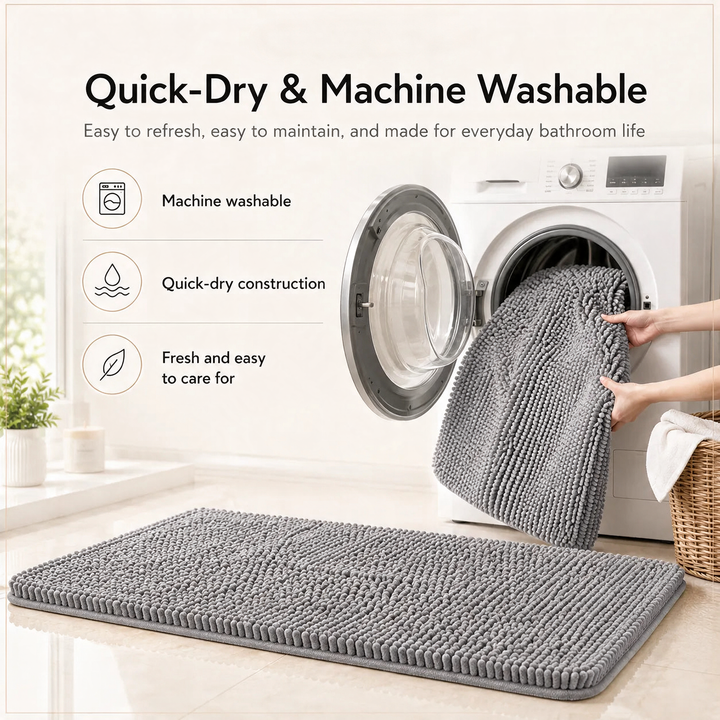Kaelis Plush Chenille Bath Mat machine-wash lifestyle shot