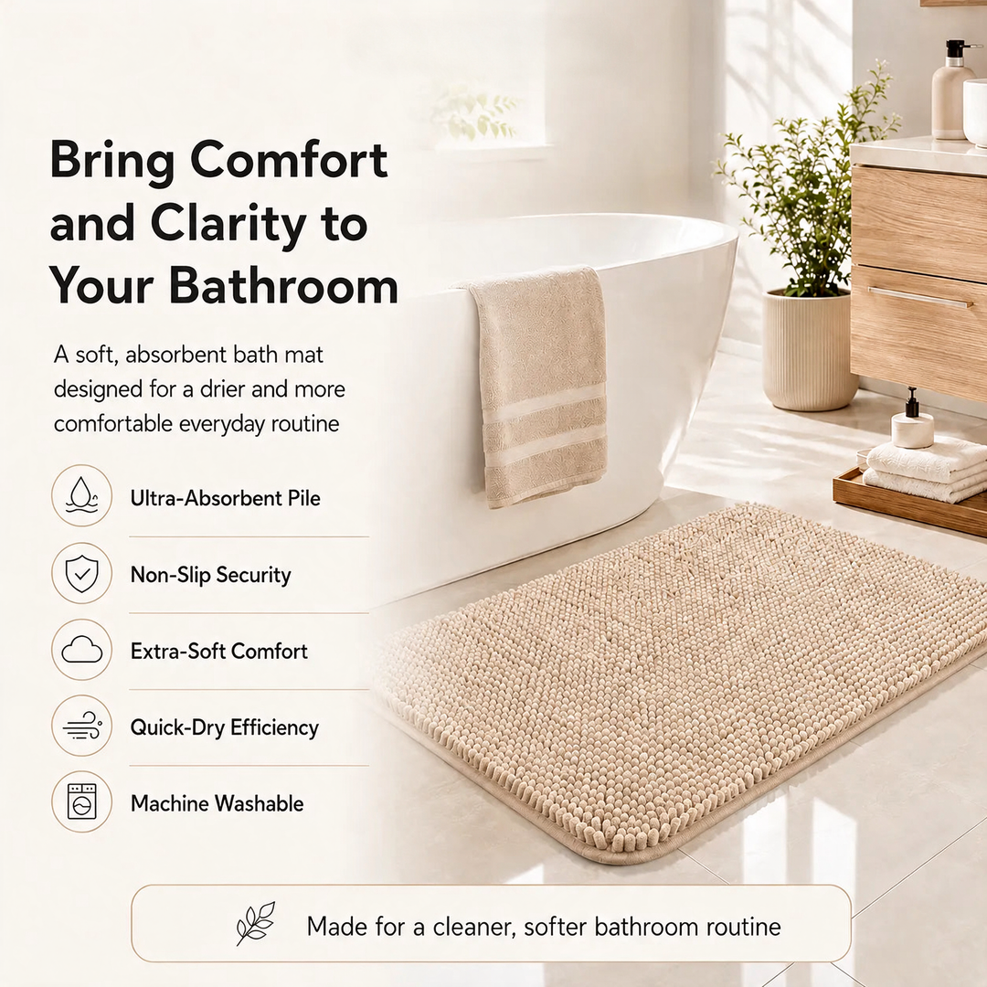 Camel Kaelis Plush Chenille Bath Mat lifestyle bathroom shot with feature list