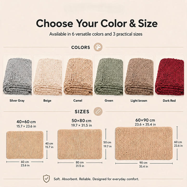 Kaelis Plush Chenille Bath Mat color and size options chart