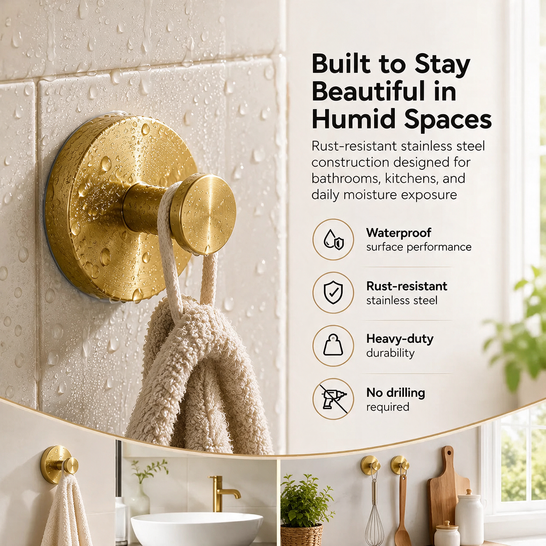Gold Vacuum-Seal Steel Wall Hooks waterproof and rust-resistant close-up