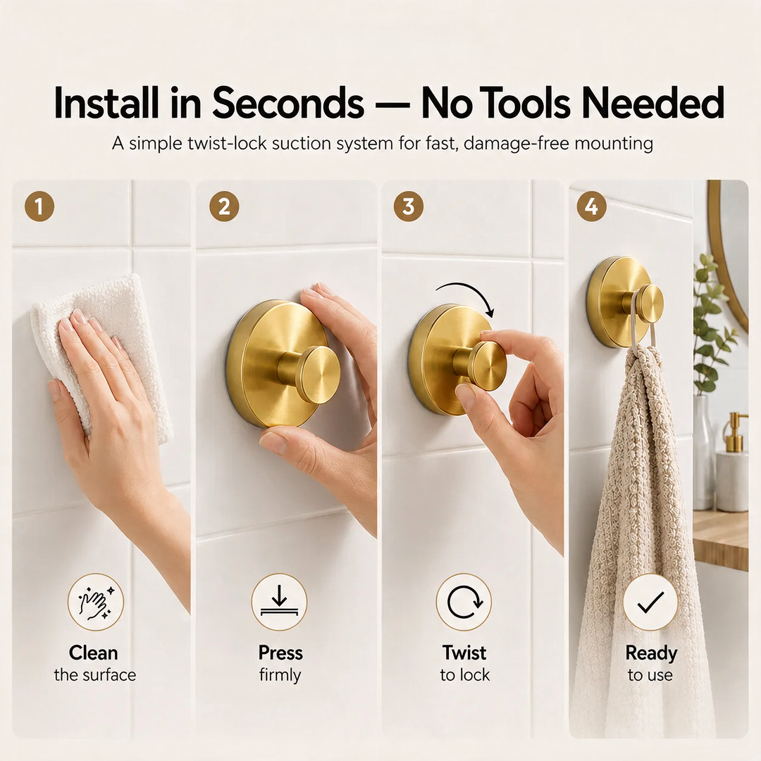 Gold Vacuum-Seal Steel Wall Hooks 4-step installation guide