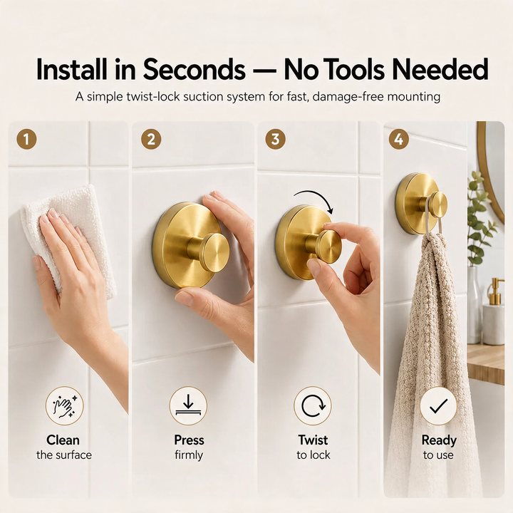Gold Vacuum-Seal Steel Wall Hooks 4-step installation guide