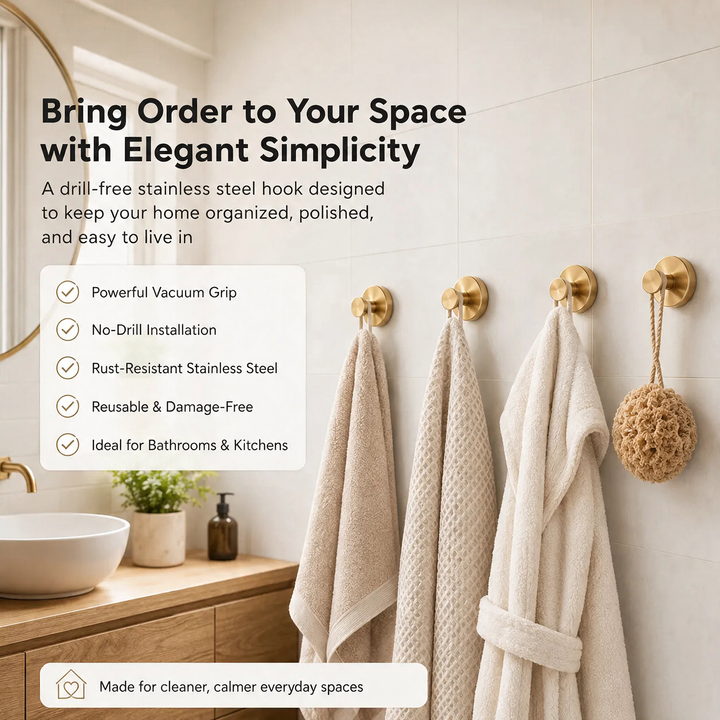 Gold Vacuum-Seal Steel Wall Hooks features checklist graphic