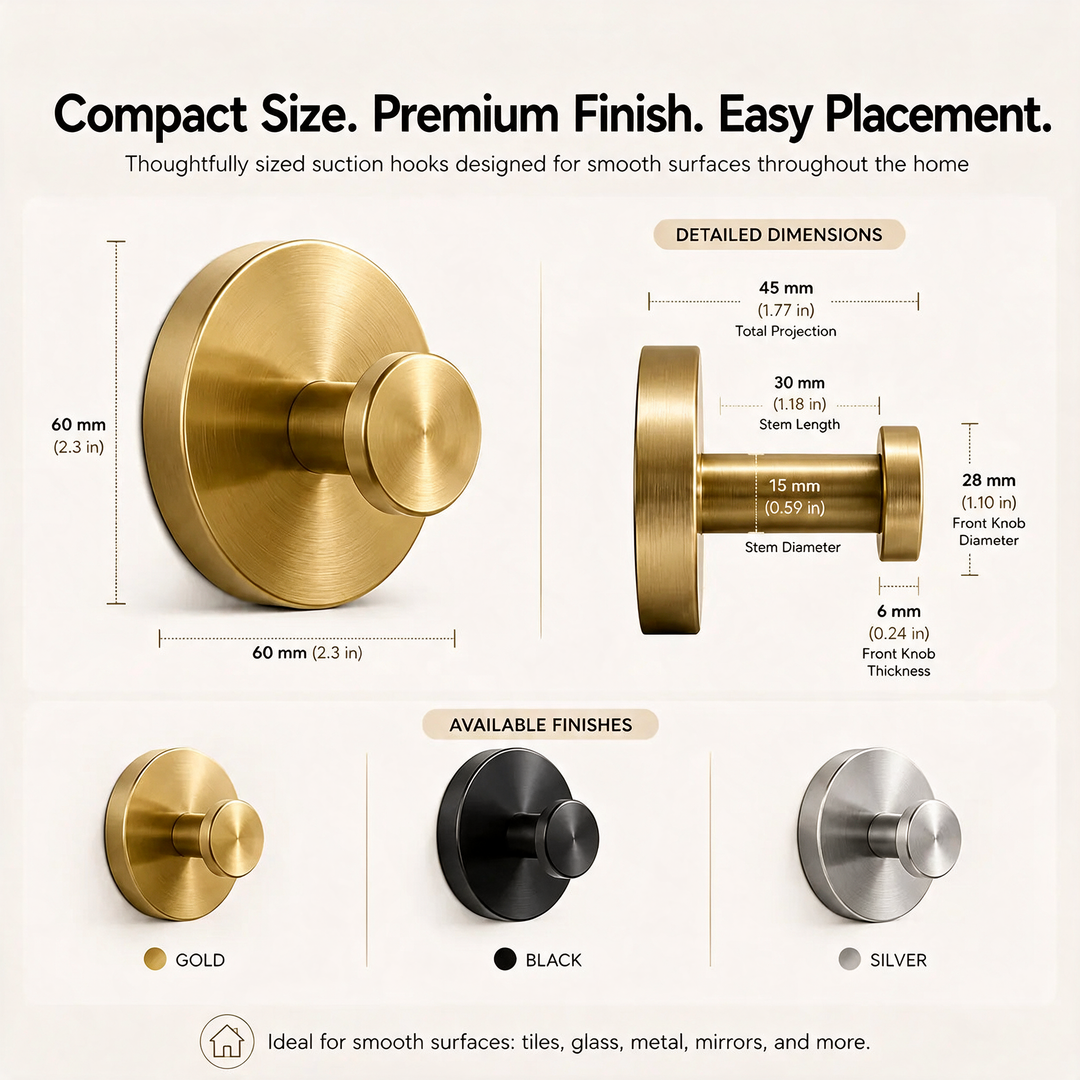 Vacuum-Seal Steel Wall Hooks dimensions chart with gold, black, and silver options