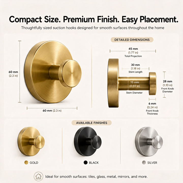 Vacuum-Seal Steel Wall Hooks dimensions chart with gold, black, and silver options