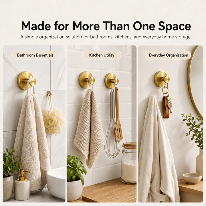 Gold Vacuum-Seal Steel Wall Hooks bathroom, kitchen, and entryway use graphic