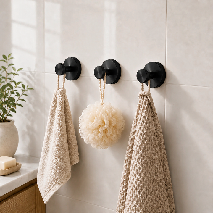 Black Vacuum-Seal Steel Wall Hooks set of three, front view