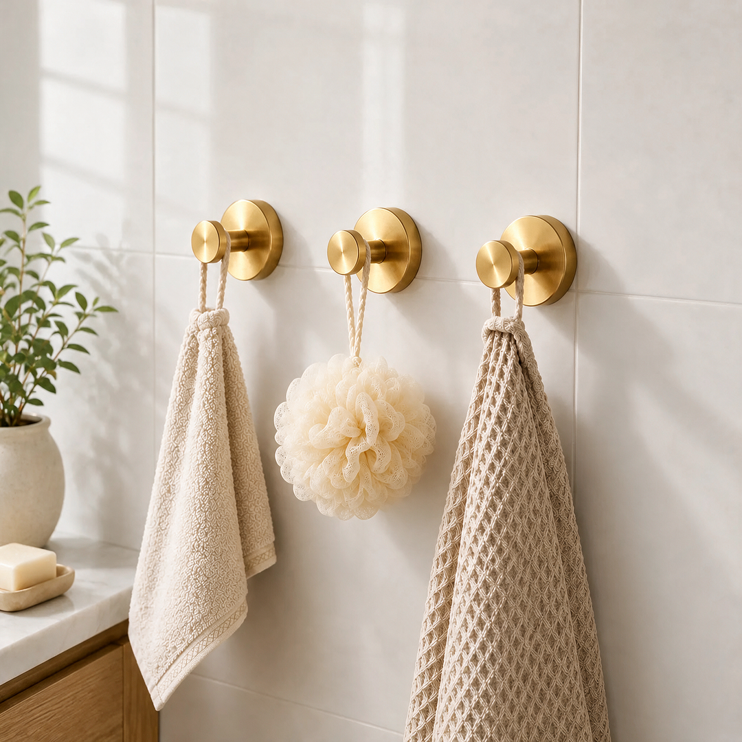Gold Vacuum-Seal Steel Wall Hooks set of three, front view