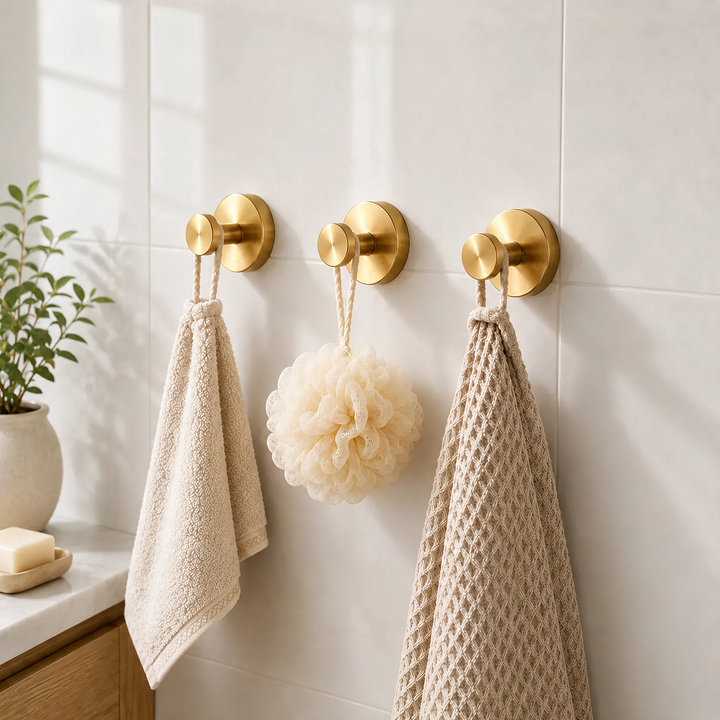 Gold Vacuum-Seal Steel Wall Hooks set of three, front view