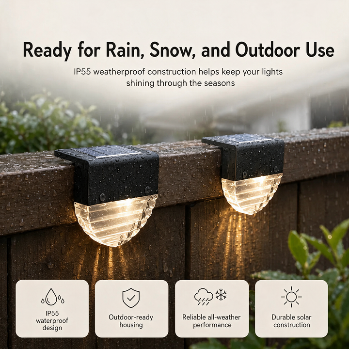 Solar LED Deck & Fence Lights weatherproof design shown in the rain