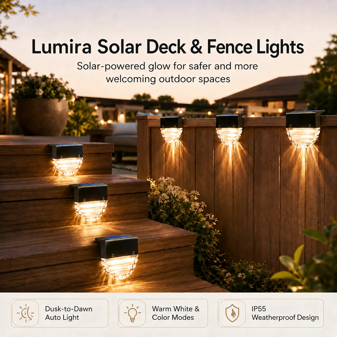 Solar LED Deck & Fence Lights product banner with feature icons