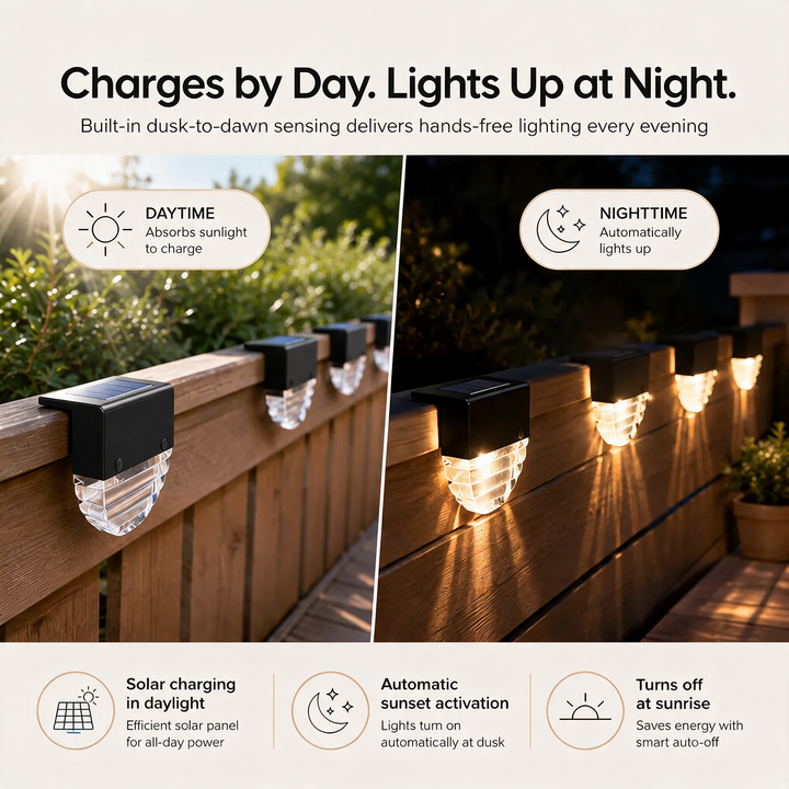 Solar LED Deck & Fence Lights daytime charging vs nighttime glow comparison