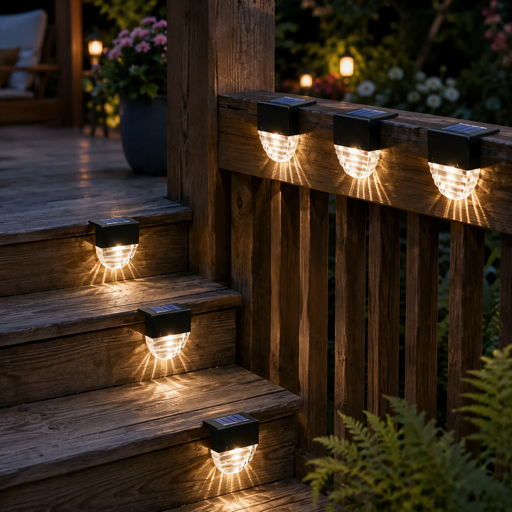 Solar LED Deck & Fence Lights glowing at night on deck stairs and railing