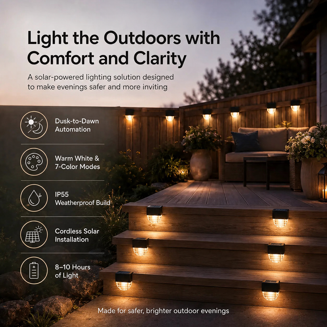 Solar LED Deck & Fence Lights features checklist with deck and patio lifestyle scene