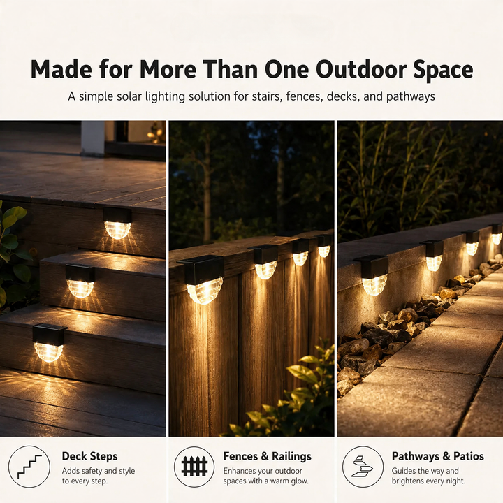 Solar LED Deck & Fence Lights installed on deck steps, fences, and pathways