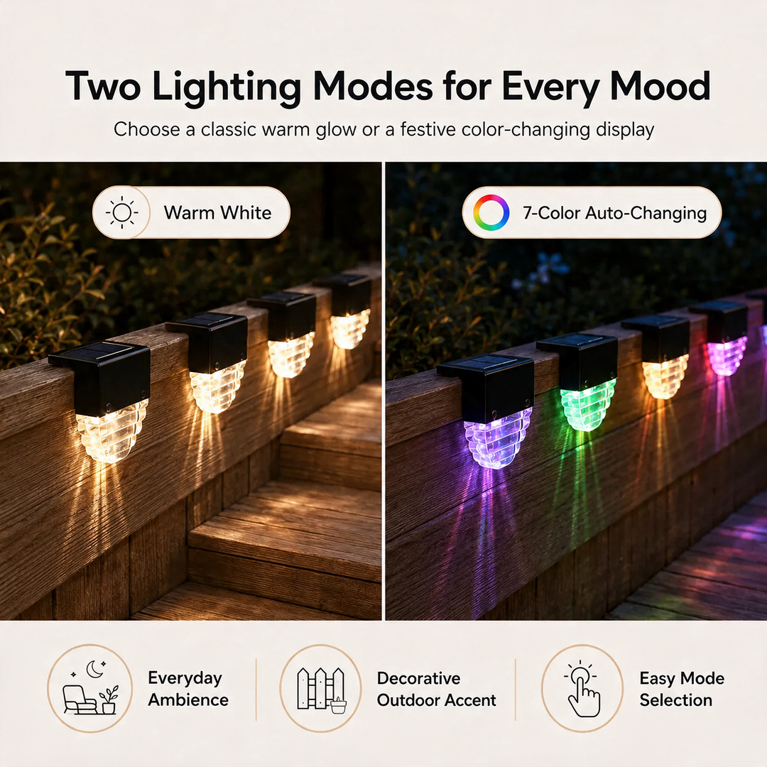 Solar LED Deck & Fence Lights warm white and color-changing mode comparison