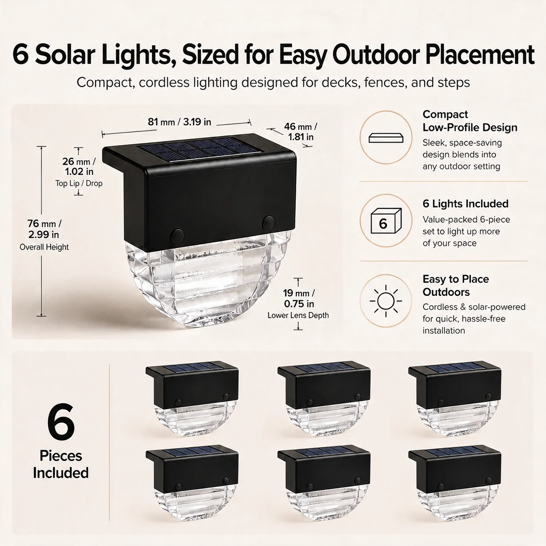 Solar LED Deck & Fence Lights dimensions and 6-piece pack contents