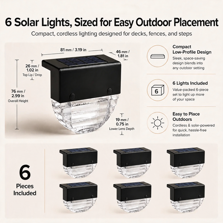 Solar LED Deck & Fence Lights dimensions and 6-piece pack contents