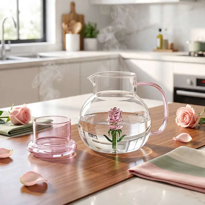 Rose Blossom Glass Teapot full set with matching cup on kitchen counter