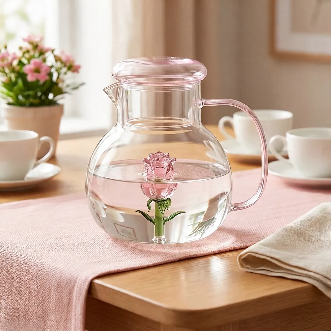 Rose Blossom Glass Teapot front view on table with tea cups and flowers