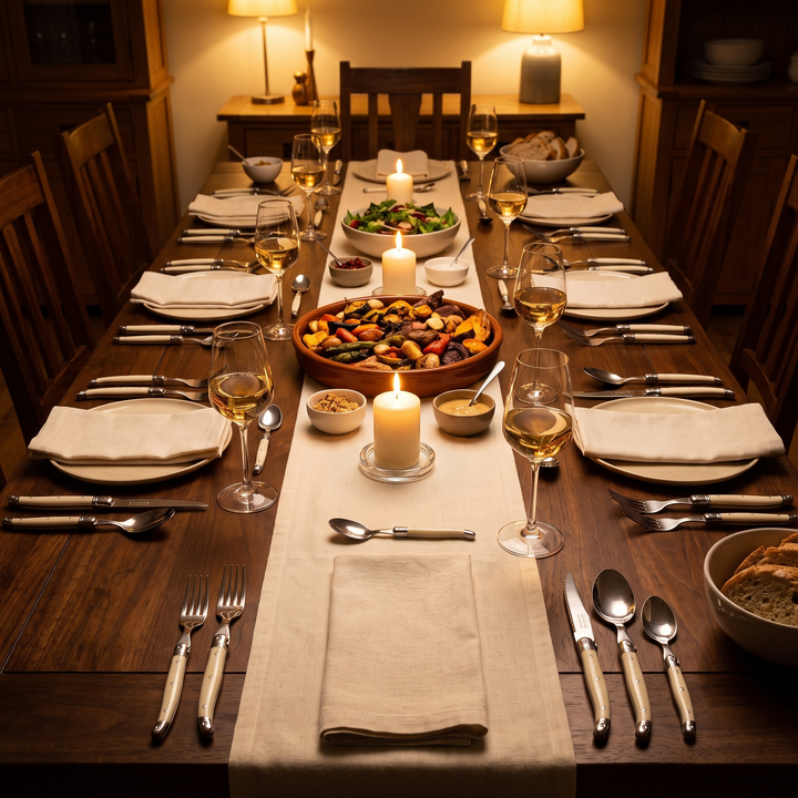 Ivory Handle Stainless Flatware 24-piece set across six place settings on a long dinner table