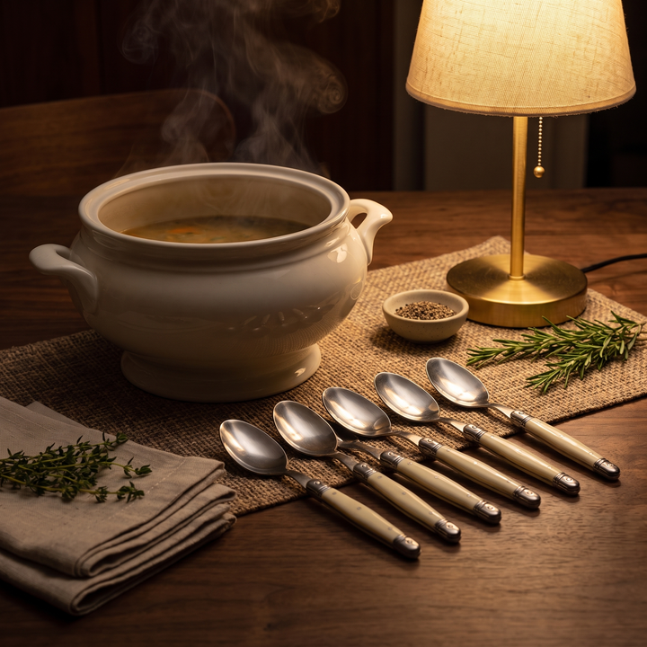 Ivory Handle Stainless Flatware 6-piece dinner spoon set beside a soup tureen