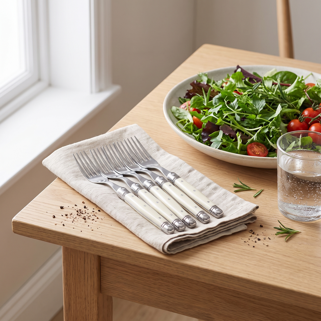 Ivory Handle Stainless Flatware 6-piece fork set beside a shared salad plate