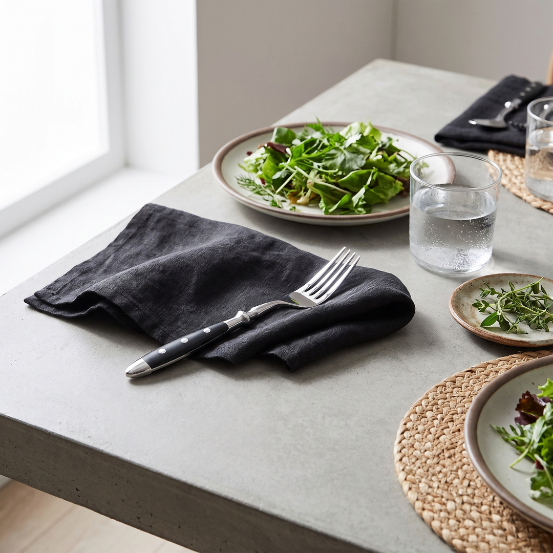 Elegant Black Stainless Steel Cutlery fork beside a fresh salad plate