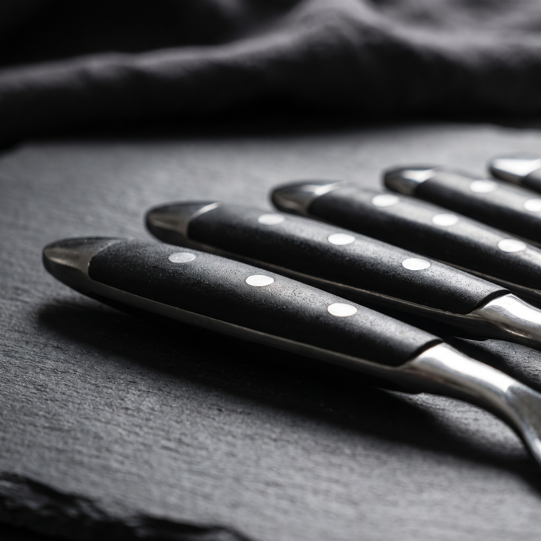 Elegant Black Stainless Steel Cutlery matte black handle macro detail