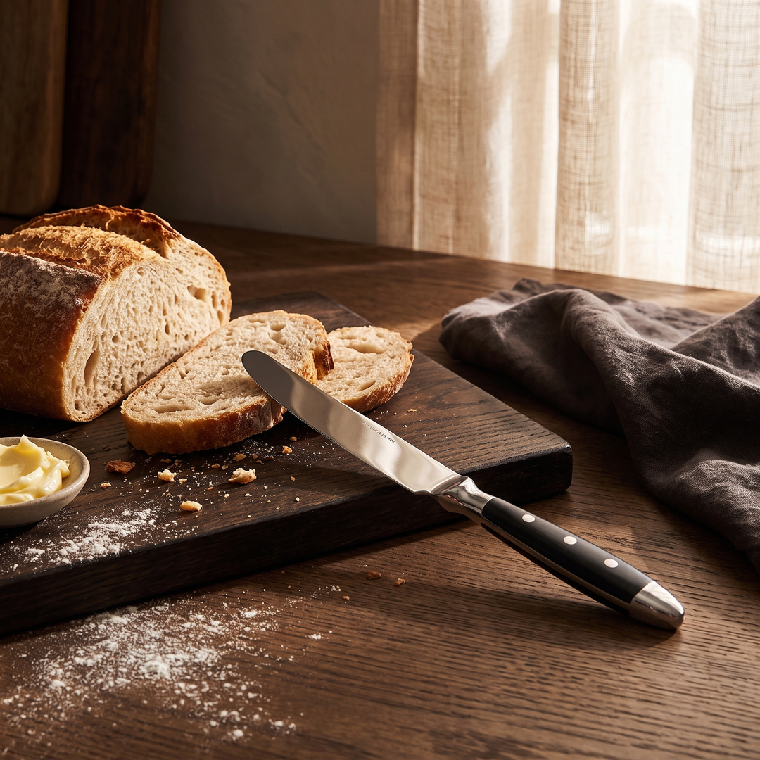 Elegant Black Stainless Steel Cutlery knife on a kitchen cutting board with bread