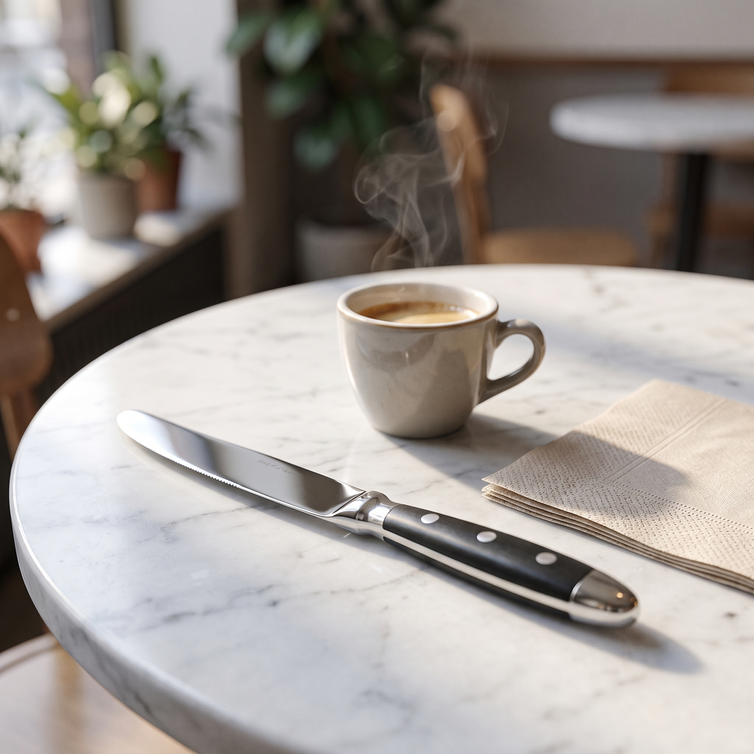 Elegant Black Stainless Steel Cutlery knife at a sunlit cafe table