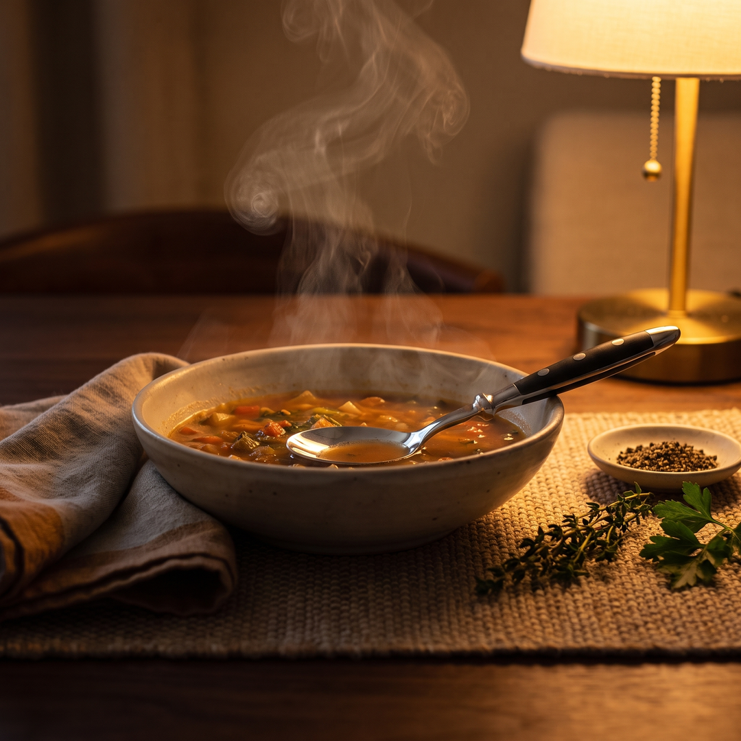 Elegant Black Stainless Steel Cutlery spoon in a bowl of soup