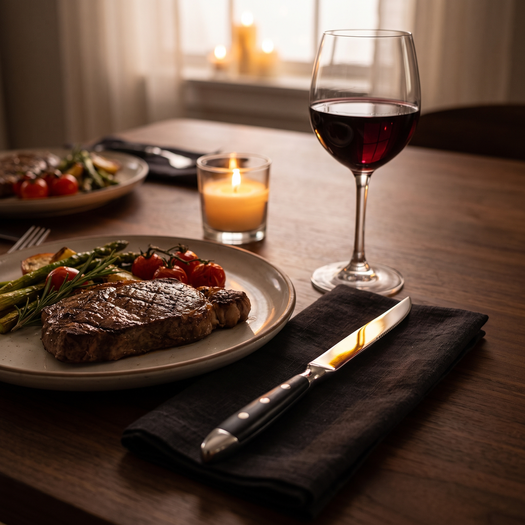 Elegant Black Stainless Steel Cutlery steak knife beside a plated steak dinner