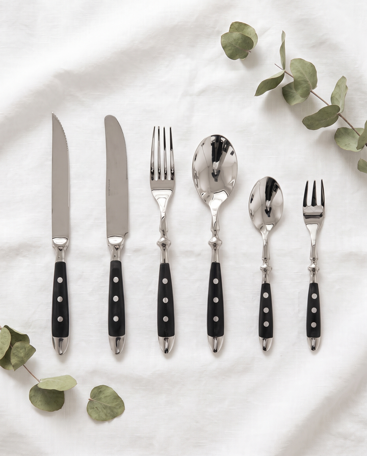 Elegant Black Stainless Steel Cutlery 6-piece set flat lay on linen