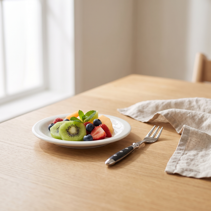 Elegant Black Stainless Steel Cutlery fruit fork beside sliced fresh fruit