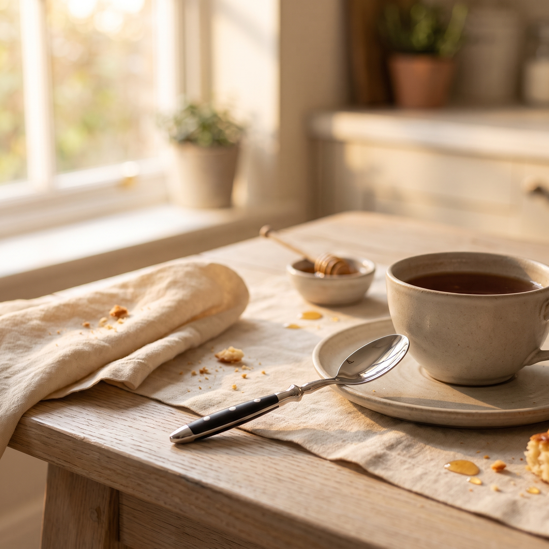 Elegant Black Stainless Steel Cutlery teaspoon on a set breakfast table