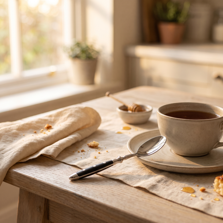 Elegant Black Stainless Steel Cutlery teaspoon on a set breakfast table