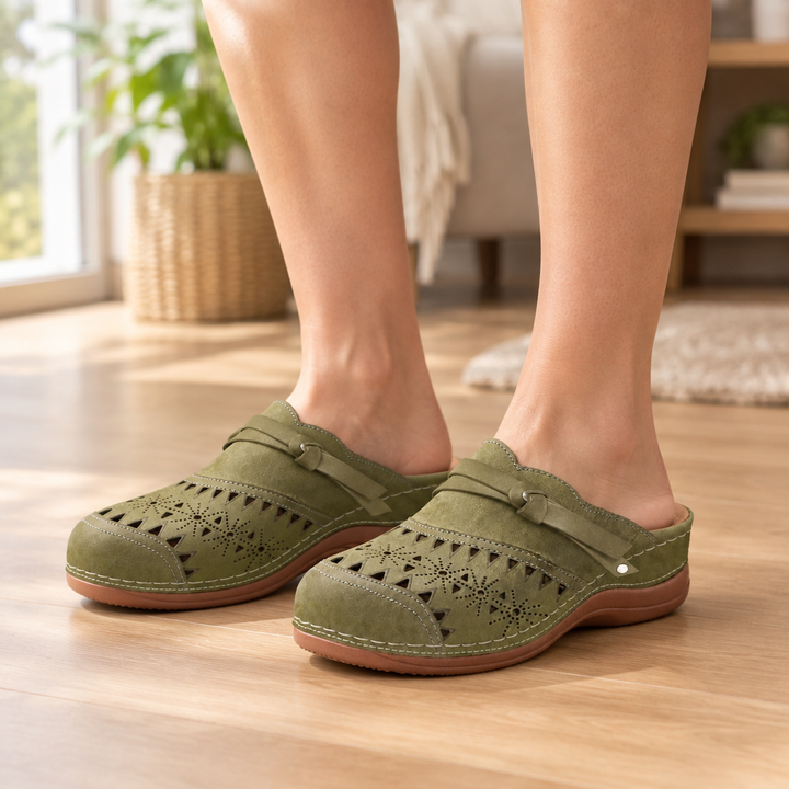 Army Green Orthopedic Memory-Foam Clogs - in use on feet