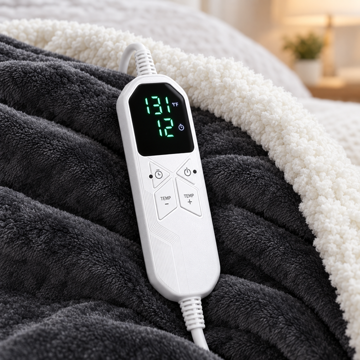 Wearable heated blanket controller with LED display, timer, power and TEMP buttons