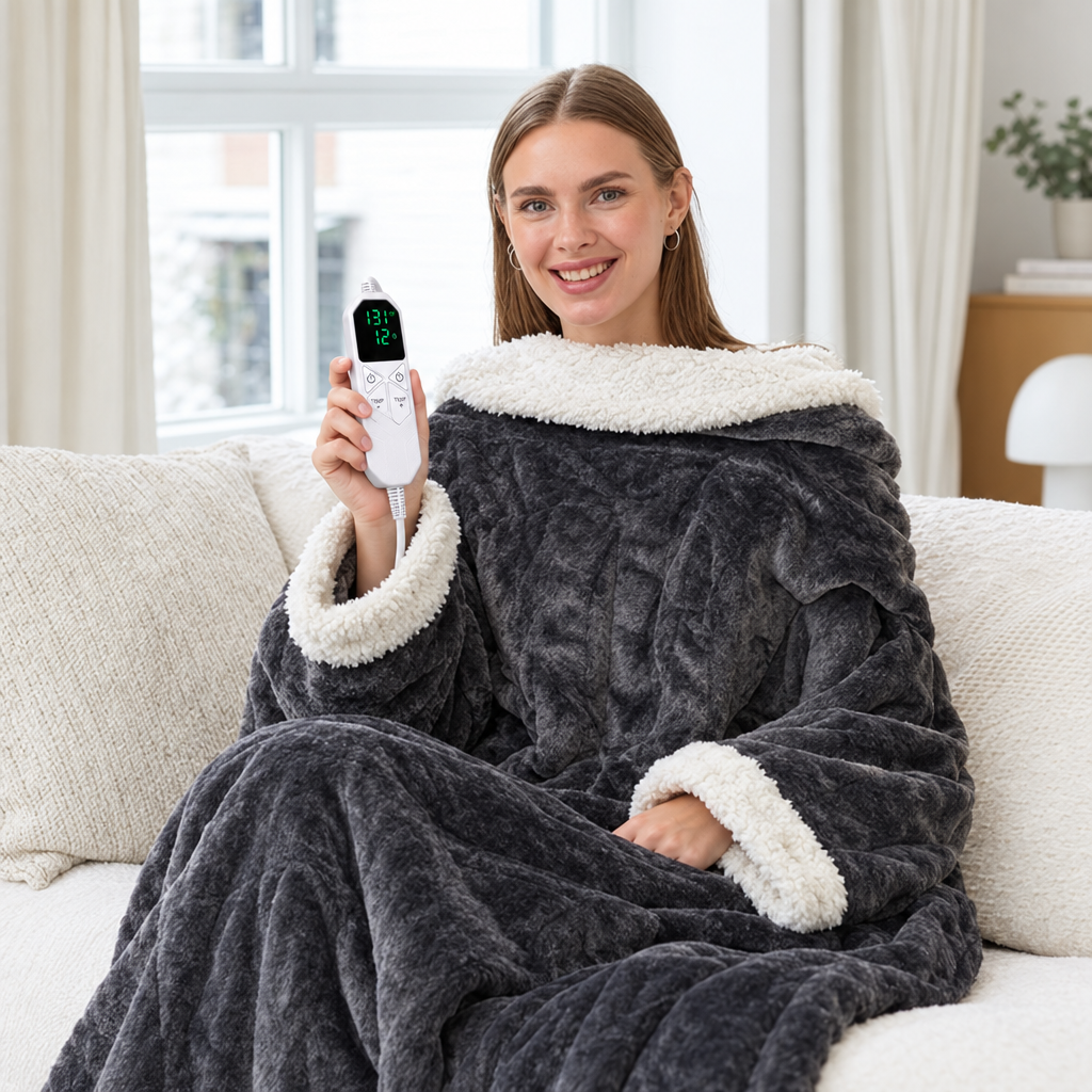 Woman wearing the dark grey wearable heated blanket holding the LED heat controller